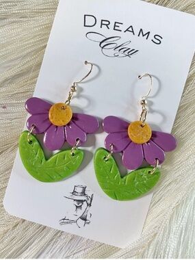 Dreams Clay Purple Flower Green Leaf Earrings